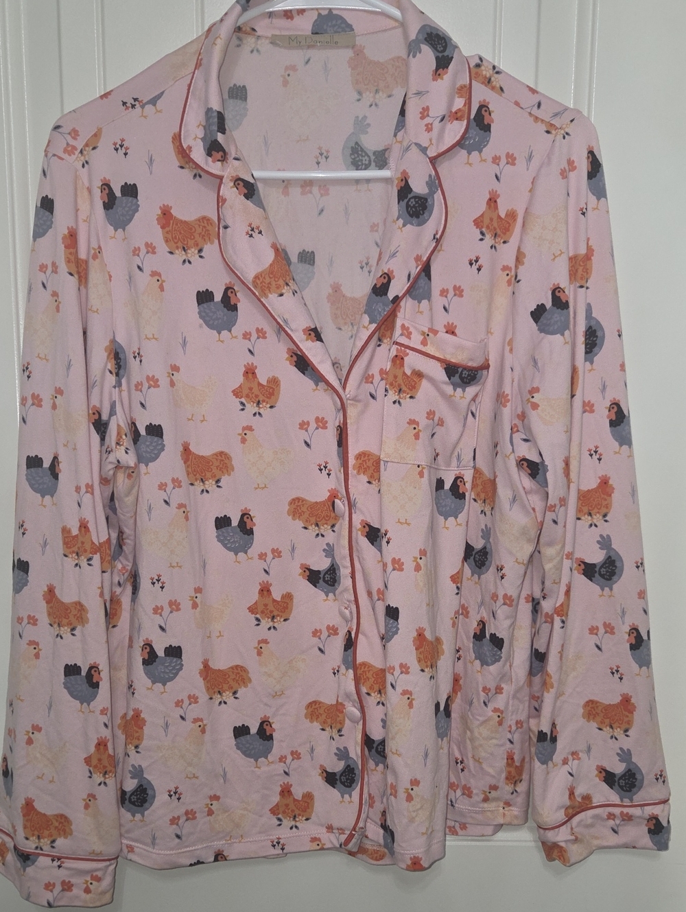 Women's Pink Chicken-Print Long-Sleeve Pajama Top